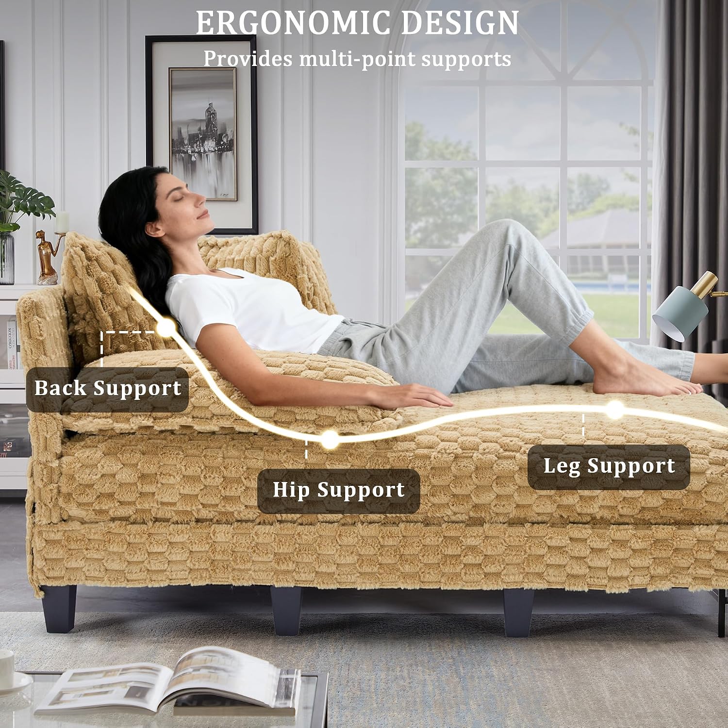Faux Fur Oversized Chaise Lounge Indoor with Adjustable Backrest | 59 Inches Single Sleeper Sofa Chair, with 3 Lumbar Pillows, Upholstered, for Living Room, Bedroom, Office