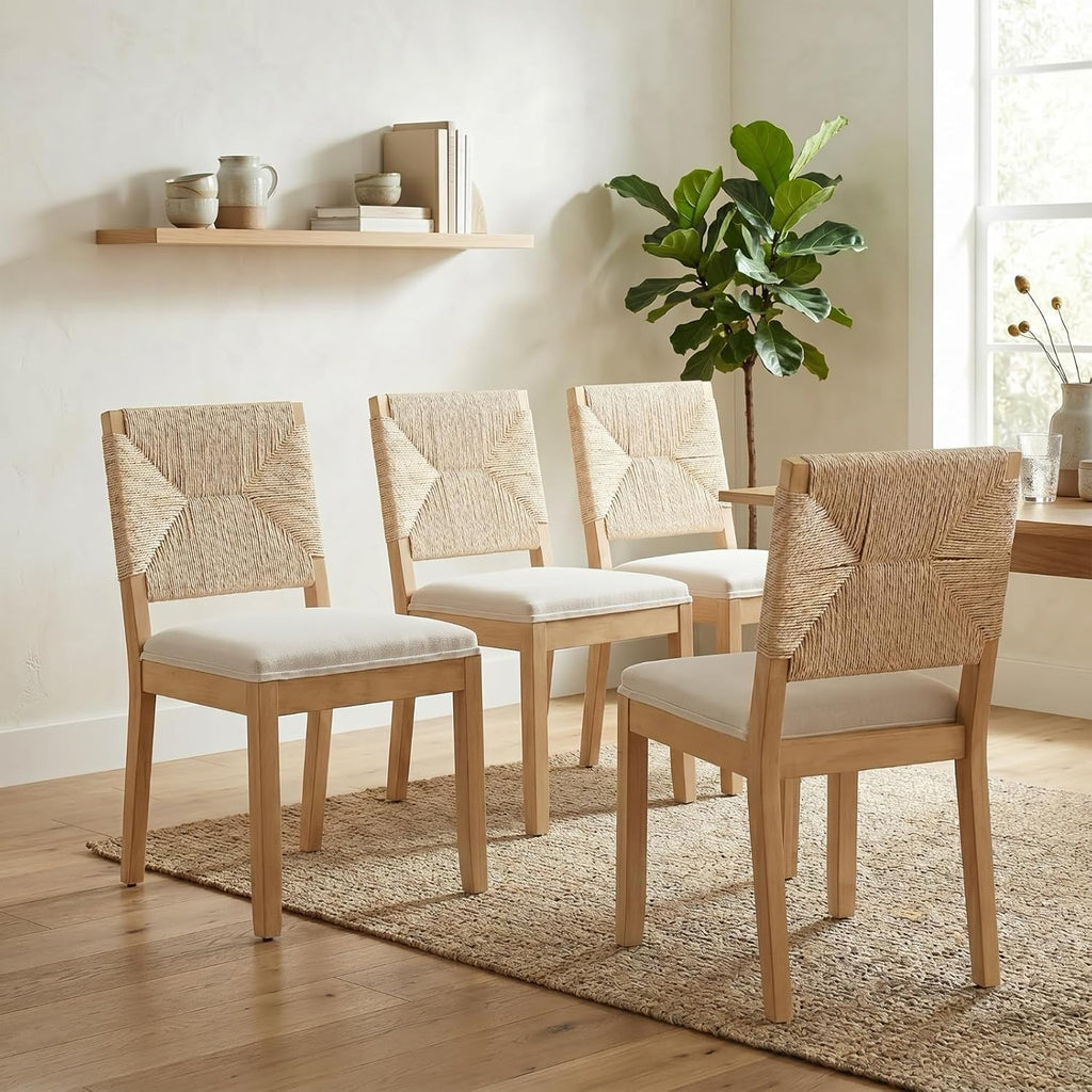 French Country Dining Chairs Set of 4, Beige Farmhouse Wood Dining Room Chairs, Woven Back Linen Upholstered Dining Chair, Solid Wood Legs, Boho Style Kitchen Chairs, Sillas de Comedor