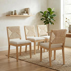 French Country Dining Chairs Set of 4, Beige Farmhouse Wood Dining Room Chairs, Woven Back Linen Upholstered Dining Chair, Solid Wood Legs, Boho Style Kitchen Chairs, Sillas de Comedor