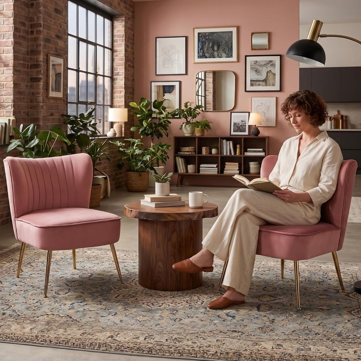 Velvet Accent Chairs Set of 2 Comfy Living Room Chair Armless Slipper Chair Mid Century Side Single Sofa Chair with Golden Legs Wingback for Bedroom Guest Room, Pink