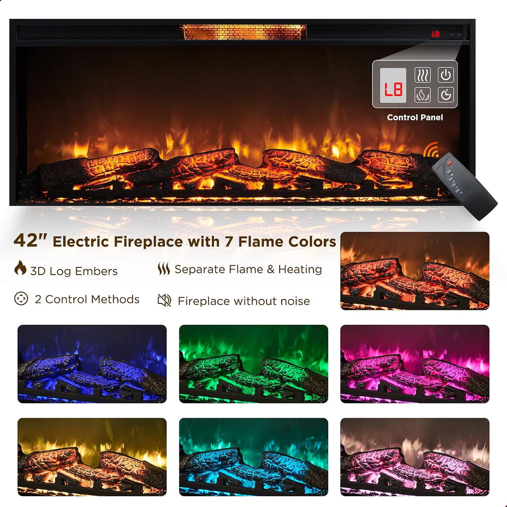 OKD 70" Farmhouse Fireplace TV Stand for TVs Up to 80", Reclaimed Barnwood | 42" Electric Fireplace, Color Changing Flame, 2 Open Cubbies, 2 Spacious Drawers, LED Glass Door Cabinets, Retro Handles