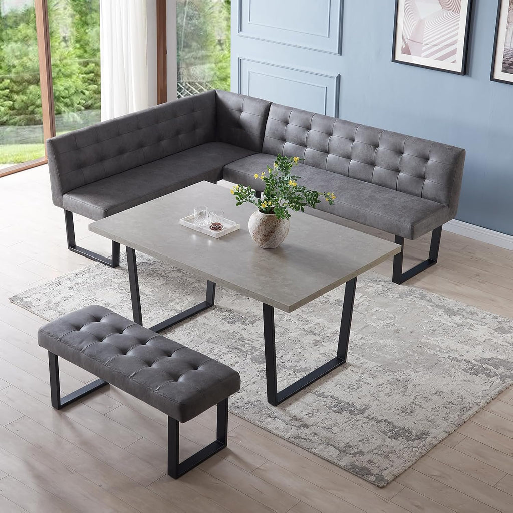 HIPIHOM Dining Table Set with Bench, Grey Table with Grey Right Seat Bench | 42.9 Inch MDF Tabletop with Corner sofa and 43.3 In Bench, Metal Legs for Family Dining Room Furniture, Apartment