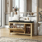 UNIQUITE Shoe Storage Bench with Flip Drawers, Padded Seat Cushion, 39.4" W x 12.6" D x 21.85" H, Entryway Cabinet with Slatted Doors for Hallway Living Room, Natural