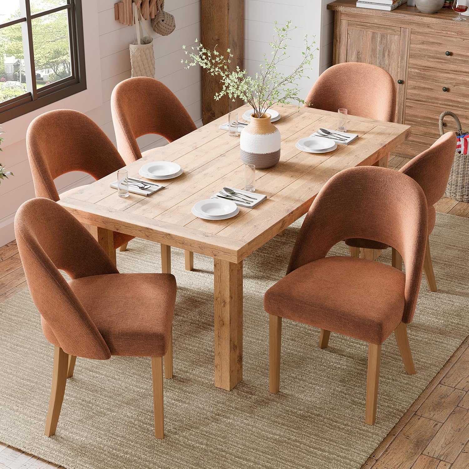 Wooden Dining Chairs Set of 2, Upholstered Modern Chenille Dining Room Chair Kitchen Chairs, Comfy Farmhouse Dinner Chair for Kitchen Dining Room, Orange