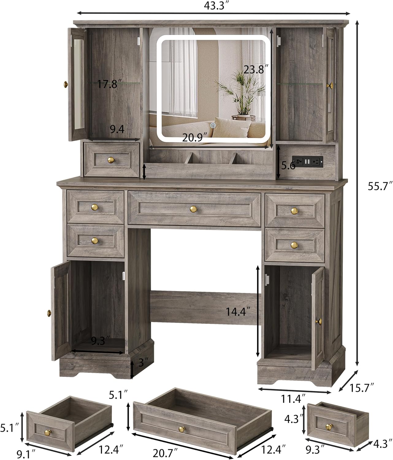 HUANLEGO Farmhouse Makeup Vanity Desk with Mirror and LED Lights, Grey | Vanity Mirror with Lights Desk for Women, Makeup Table Set with RGB Cabinet and 6 Drawers, Charging Station , 3 Light Modes