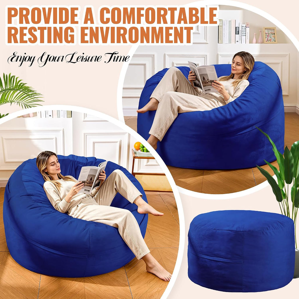 4FT Giant Bean Bag Chair for Adults and Teens - Large Bean Bag Sofa with Premium Velvet Cover & High-Density Support Foam - Fluffy Lounge Chair for Gaming, Bedroom, Dorm (Blue, Taller Version)