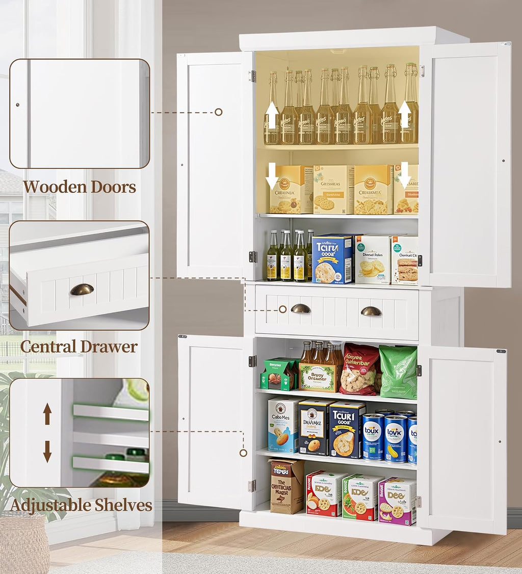 KIGOTY 72" Tall Kitchen Pantry Cabinet with Drawer and 4 Adjustable Shelves, Freestanding Pantry Storage Cabinets, Wood Cupboard Pantry Cabinet for Kitchen, Dining Room, Living Room, Off White