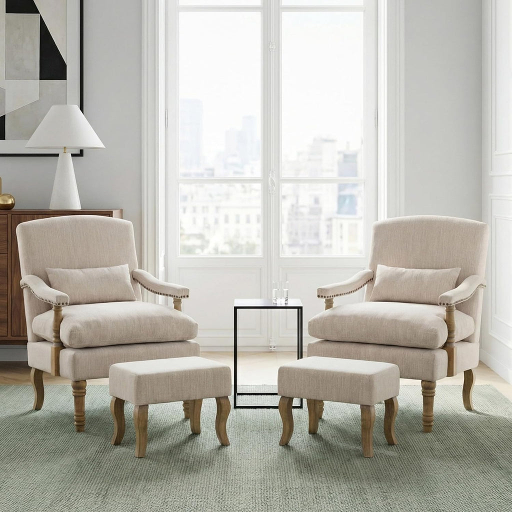 Accent Chair with Ottoman, Farmhouse Upholstered Armchair with Removable Thick Cushion & Lumbar Pillow, Wood Turned Legs, Comfy Reading Chair for Living Room Bedroom, Natural Beige
