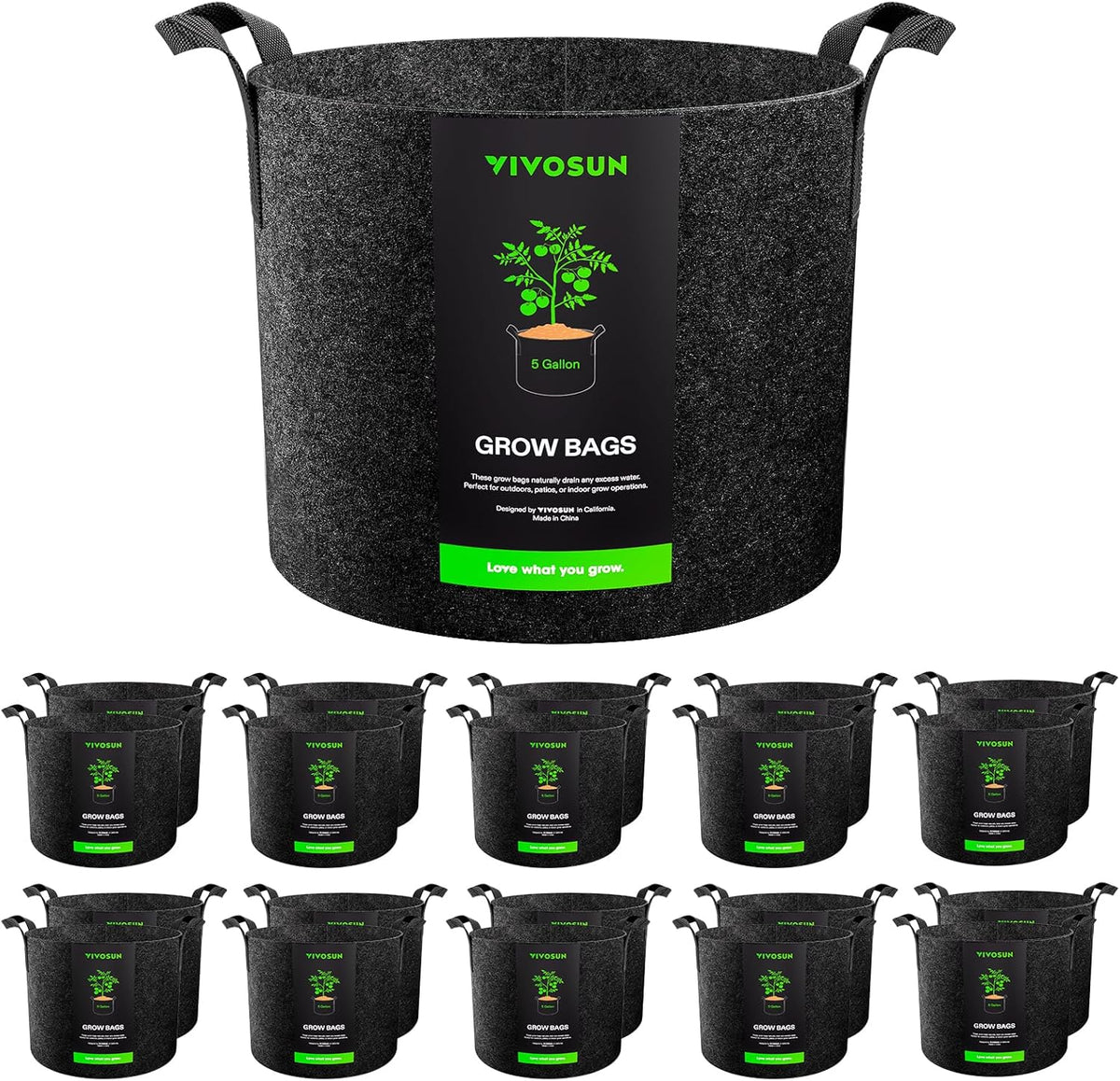 VIVOSUN 20-Pack 5 Gallon Grow Bags, Heavy Duty Thickened Nonwoven Fabric Pots with Handles for Flowers Fruits and Vegetables Black