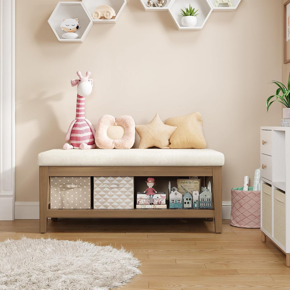 Apicizon 45" Shoe Rack Bench with Cushion, Solid Rubberwood Entryway Bench with Shoe Storage, Modern Chenille Upholstered Shoe Storage Bench for Hallway Bedroom Living Room Front Door Entrance, Beige