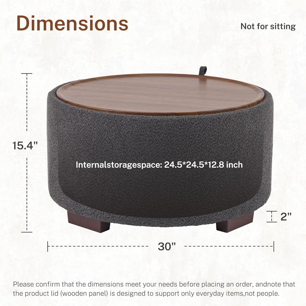 30 Inch Round Storage Ottoman Coffee Table, Modern Boucle Ottoman with Lift Off Lid for Living Room, Bedroom, Corners, Apartments, Gray
