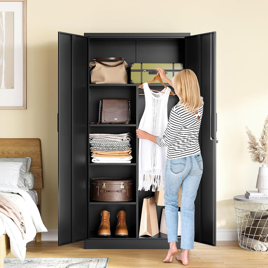Metal Wardrobe Cabinet with Lock,72" Armoire Closet with Hanging Rod,Lockable Storage Locker,Black Storage Cabinet with Locking Doors,Garage Closet,Steel Wardrobe for Home,Bedroom,Office,Employee,Shop