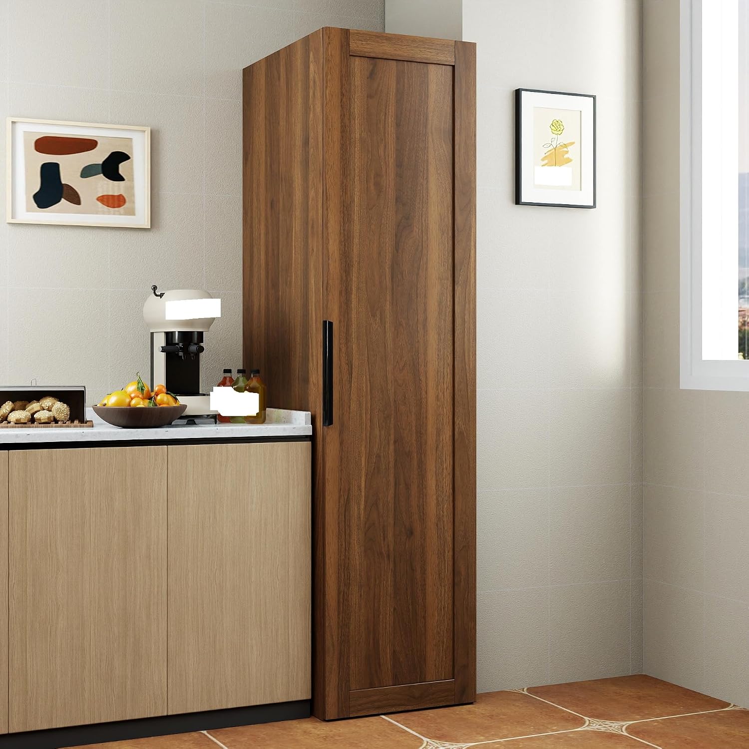 Brown Freestanding Kitchen Pantry Cabinet with Doors & Shelves - 5-Tier Storage Cupboard & Sideboard Buffet with Adjustable Shelves, Wood Grain Pantry Organizer for Kitchen, Dining Room, Living Room