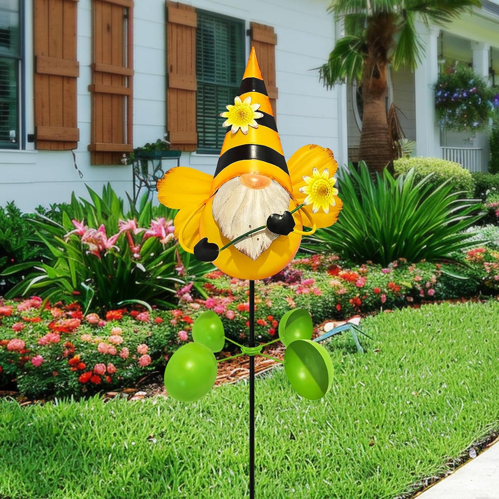 HONGLAND Gnome Metal Yard Art, Gnomes Garden Statue Outdoor Decor, 48 inch Gnome Decorations 360 Degrees Swivel Wind Spinner for Outdoor Patio Garden Backyard Décor - Bee