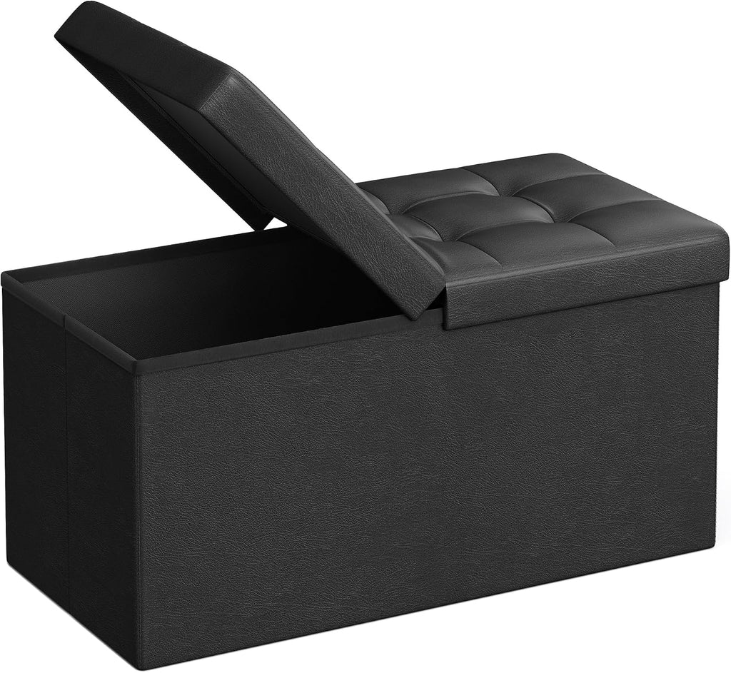 SONGMICS 30 Inches Folding Storage Ottoman Bench with Flipping Lid | Storage Chest Footrest Padded Seat, MDF Support, Ink Black, MINOTA Collection ULSF45BK