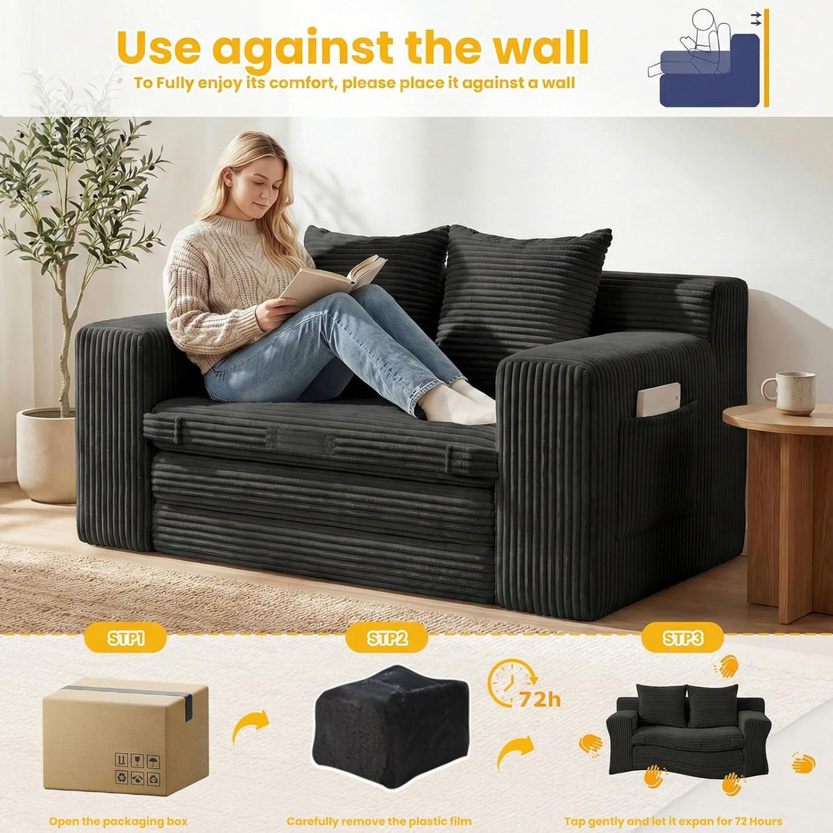 Couch, Loveseat Sleeper Sofa Bed – 3-in-1 Convertible Couch Bed with Side Pockets & Handle,Pull Out Corduroy Futon for Small Space,Living Room & Bedroom,2 Pillows Included,No Assembly