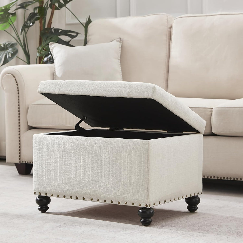 Zihanhome Small Storage Ottoman, Tufted Ottoman Foot Rest, Foot Stools, 24" Upholstered Rectangle Bench with Solid Wood Legs for Living Room, Bedroom, Dorms and Apartments (White)