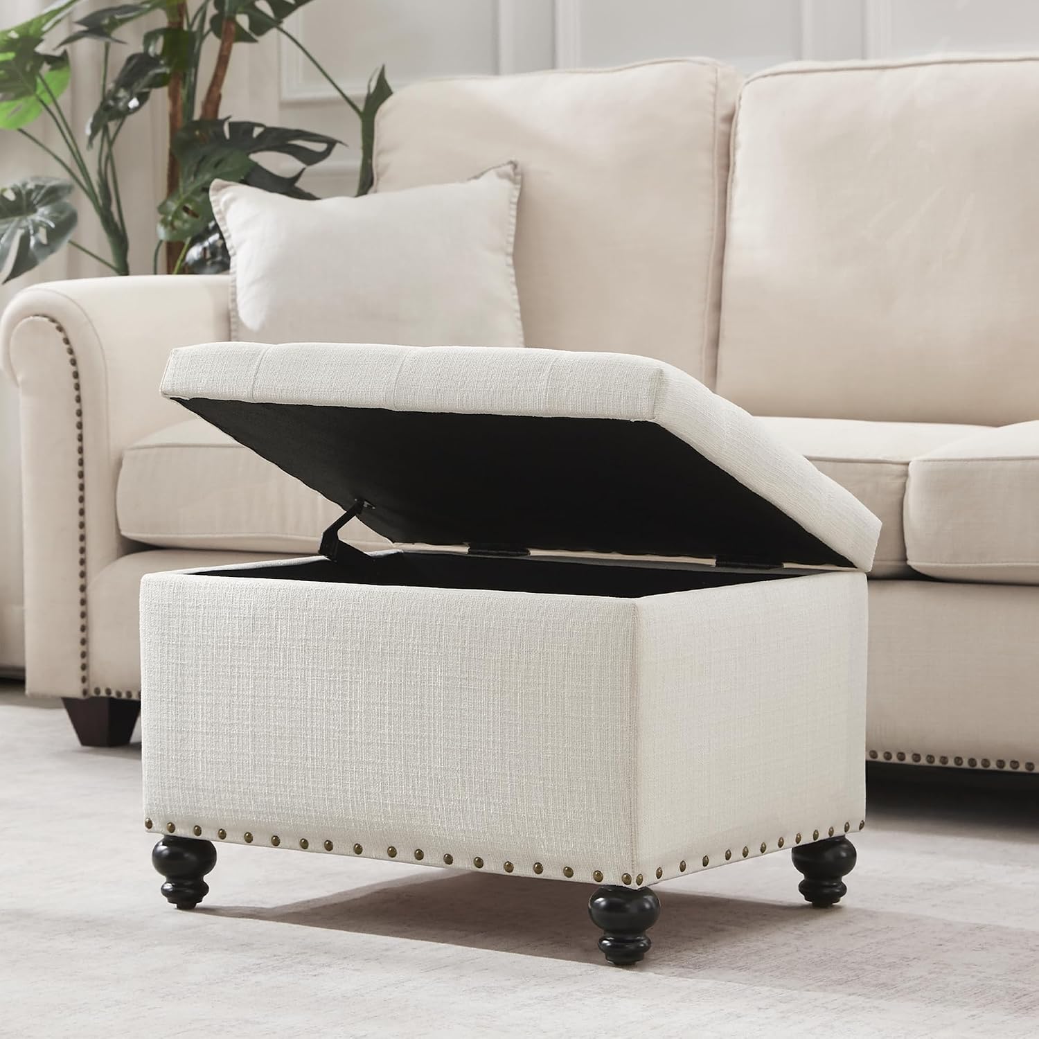 Zihanhome Small Storage Ottoman, Tufted Ottoman Foot Rest, Foot Stools, 24" Upholstered Rectangle Bench with Solid Wood Legs for Living Room, Bedroom, Dorms and Apartments (White)