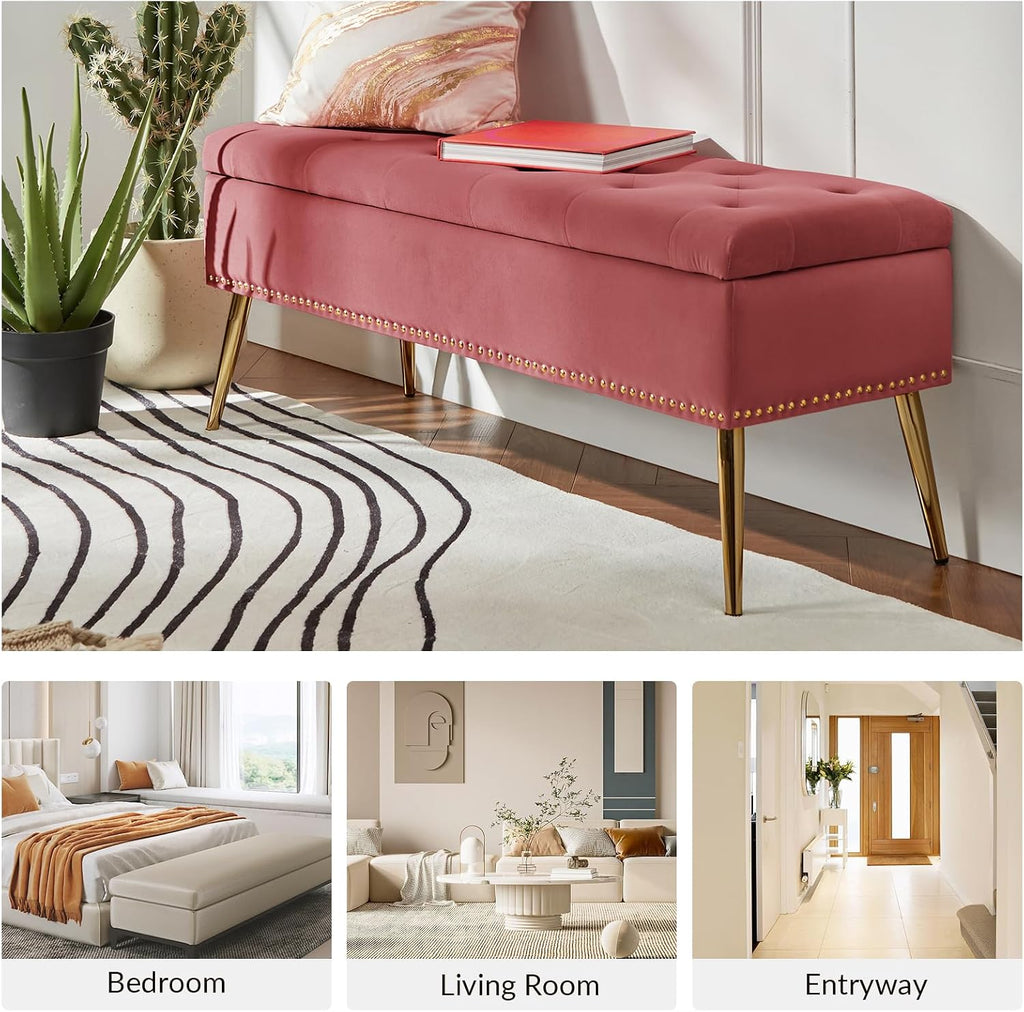 HULALA HOME Modern Velvet Storage Ottoman Bench with Gold Base & Nailhead Trim, Upholstered Bedroom Bench for End of Bed, Button-Tufted Footstool for Entryway Living Room Dining Room, Rosewood