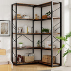 Shintenchi 5 Tier Corner Bookshelf, L Shaped Large Bookcase, Rustic Brown