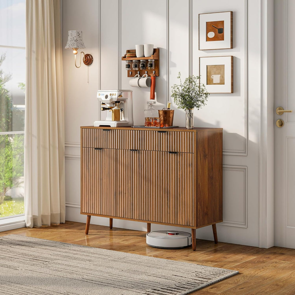 LYNCOHOME Fluted Sideboard Buffet Cabinet with Storage,2 Drawers and 3 Doors,Wood Coffee Bar Cabinet with Solid Wood Feet for Kitchen,Hallway