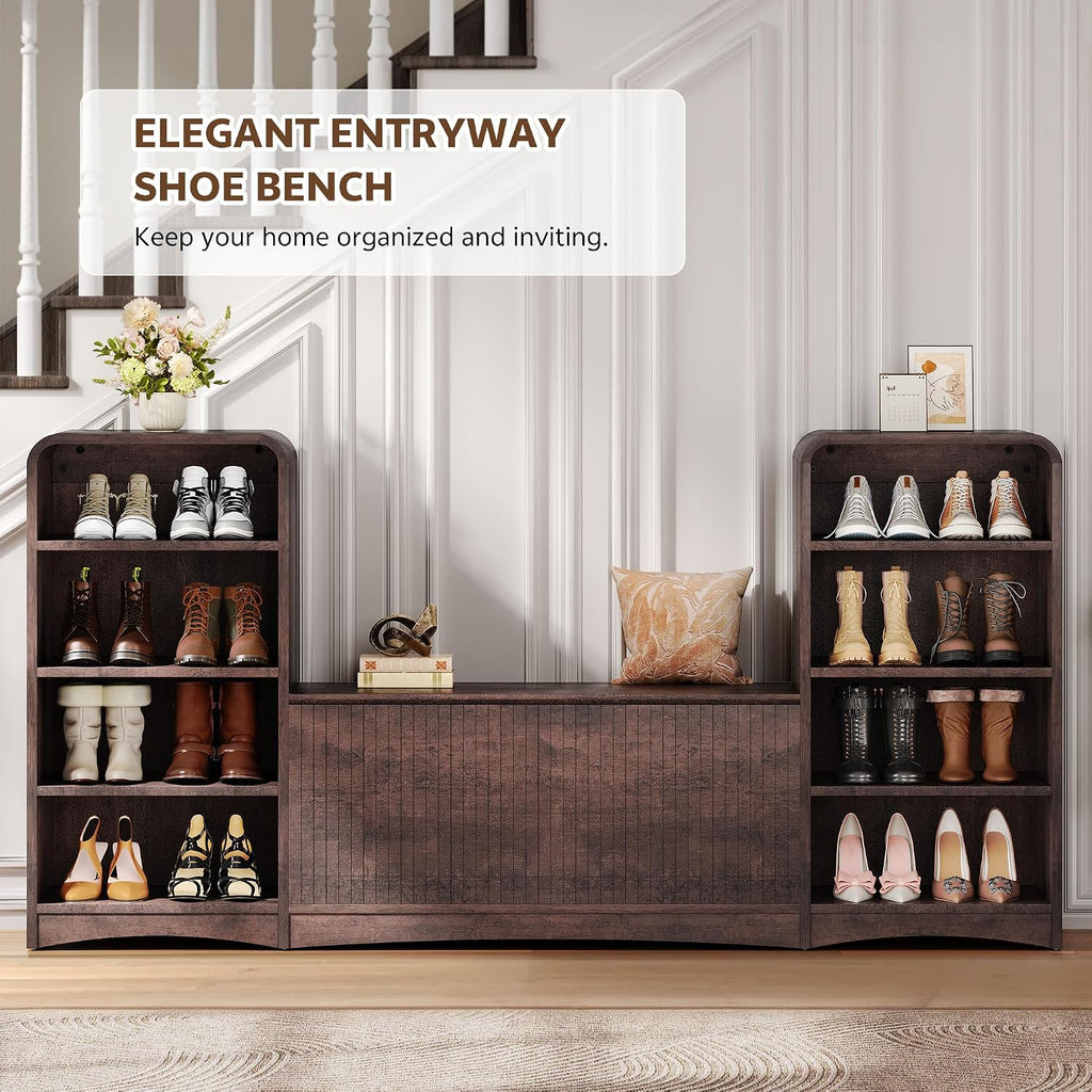 Shoe Cabinet with Bench, U-Shaped Shoe Storage Bench, Tall Shoes Cabinet with Adjustable Shelves, 63" W Lift-Top Blanket Chest with Storage, for Entryway, Living Room, Hallway, Espresso