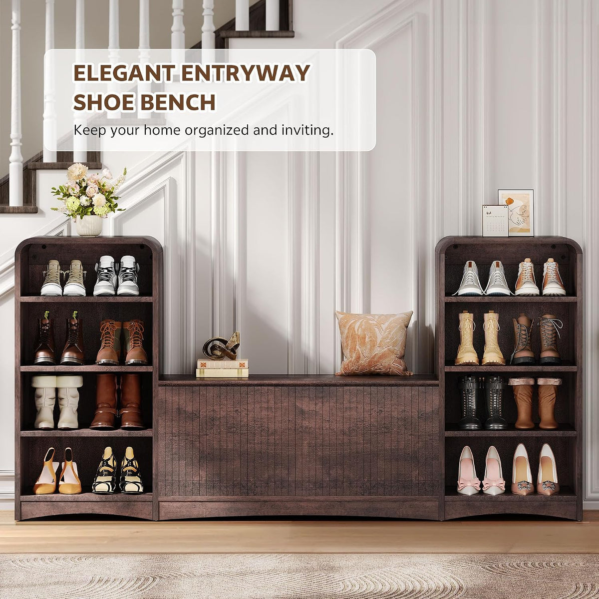 Shoe Cabinet with Bench, U-Shaped Shoe Storage Bench, Tall Shoes Cabinet with Adjustable Shelves, 63" W Lift-Top Blanket Chest with Storage, for Entryway, Living Room, Hallway, Espresso