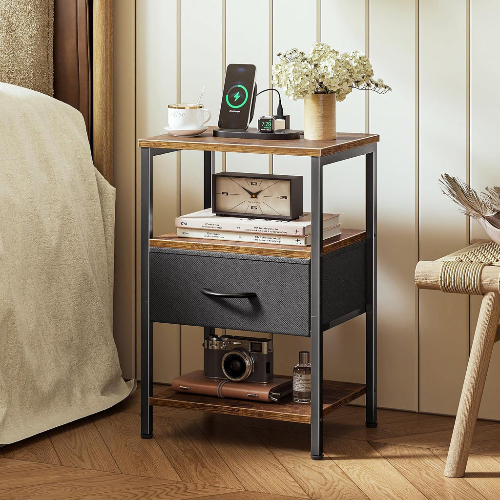 SUPERJARE Nightstand with Charging Station, Bed Side Table with Adjustable Fabric Drawer, Night Stand for Bedroom, 3-Tier Storage End Table, for Living Room, Rustic Brown and Black