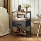SUPERJARE Nightstand with Charging Station, Bed Side Table with Adjustable Fabric Drawer, Night Stand for Bedroom, 3-Tier Storage End Table, for Living Room, Rustic Brown and Black
