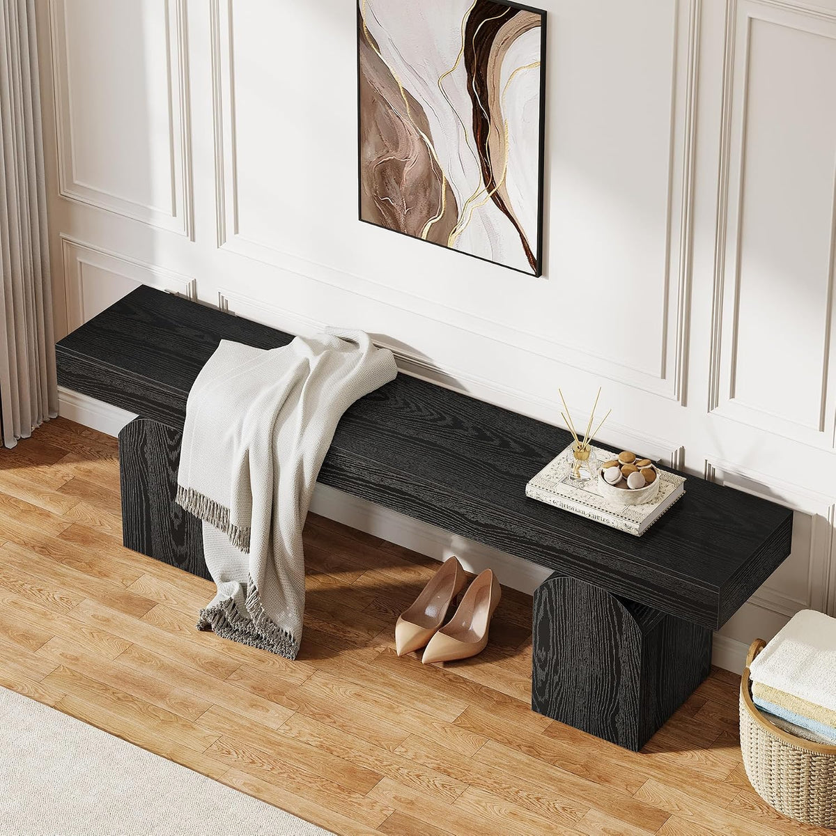 Tribesigns Entryway Bench, 59" Long Black Shoe Bench with Arched Bases, Wooden Indoor Bench for Entry Way, Living Room, Bedroom