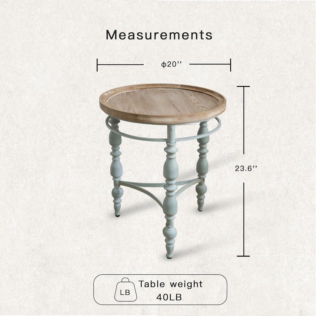 Rustic Farmhouse Round End Table, French Country Vintage Side Table,φ20.1'' x 23.6''H Rustic Solid Wood with Vintage Iron Legs, for Living Room, Bedroom, Small Spaces,Nature White