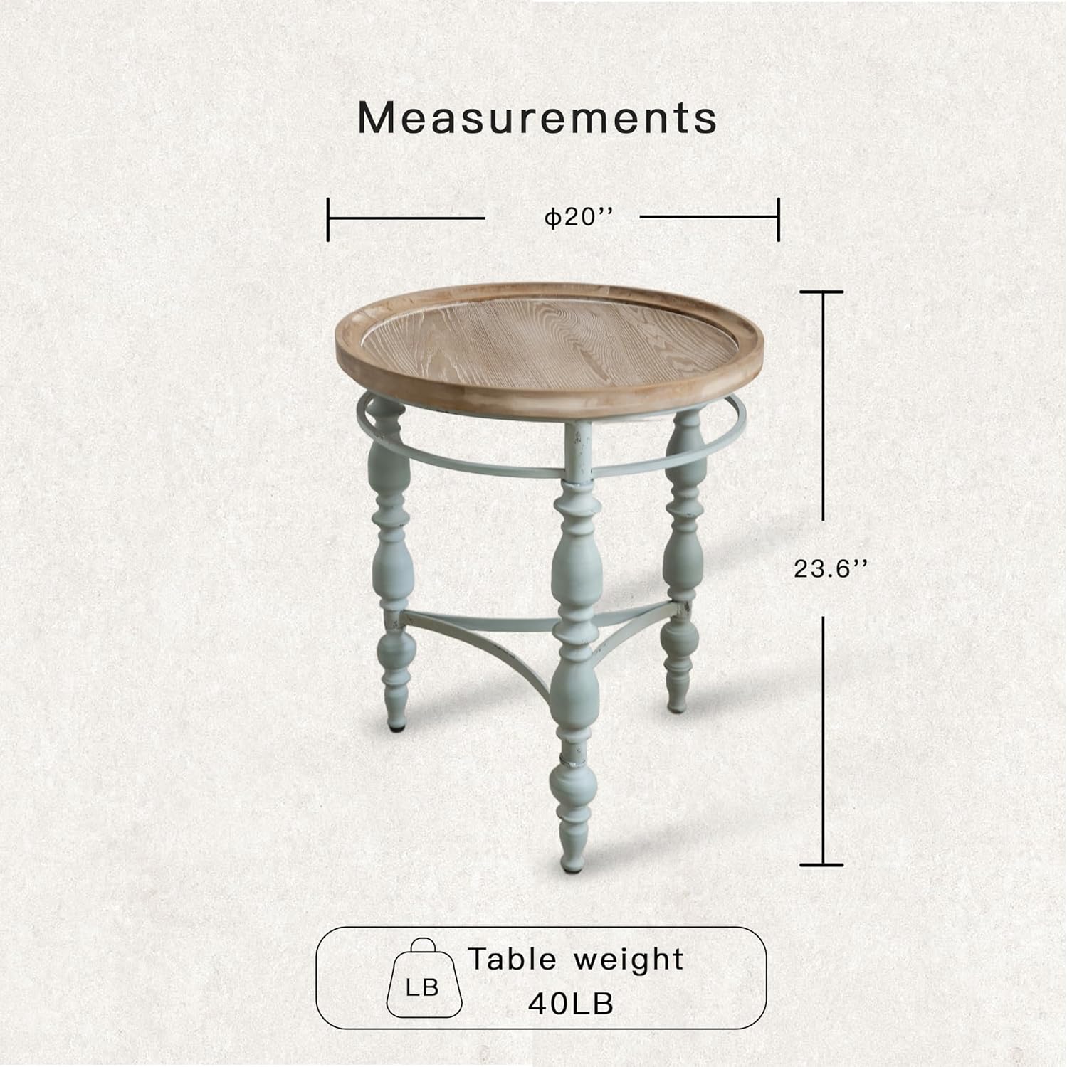 Rustic Farmhouse Round End Table, French Country Vintage Side Table,φ20.1'' x 23.6''H Rustic Solid Wood with Vintage Iron Legs, for Living Room, Bedroom, Small Spaces,Nature White