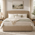 VELOCAVA Queen Storage Bed Frame with Curved Wingback Headboard, Linen-Look Upholstered Platform Bed Frame with 4 Pull-Out Drawers, Wood Slat Support, No Box Spring Needed, Beige