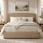 VELOCAVA Queen Storage Bed Frame with Curved Wingback Headboard, Linen-Look Upholstered Platform Bed Frame with 4 Pull-Out Drawers, Wood Slat Support, No Box Spring Needed, Beige