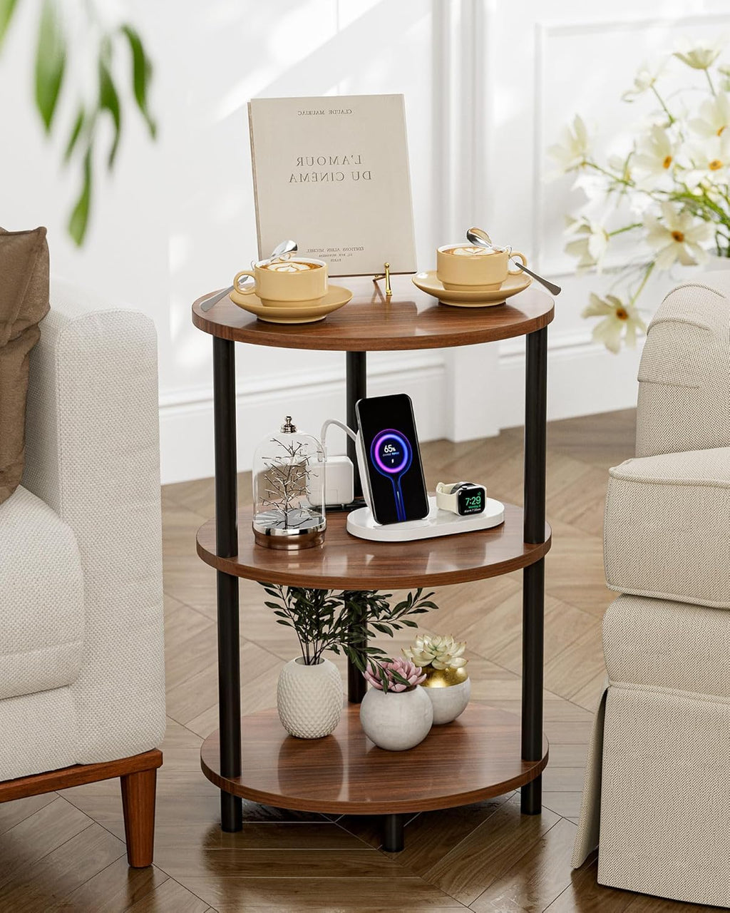 Small Round Side Table - 3-Tier Oval Accent Table for Small Spaces, Rustic Wood and Metal Nightstand for Living Room or Bedroom, with Built-in USB Ports and Power Outlet, Rustic Walnut