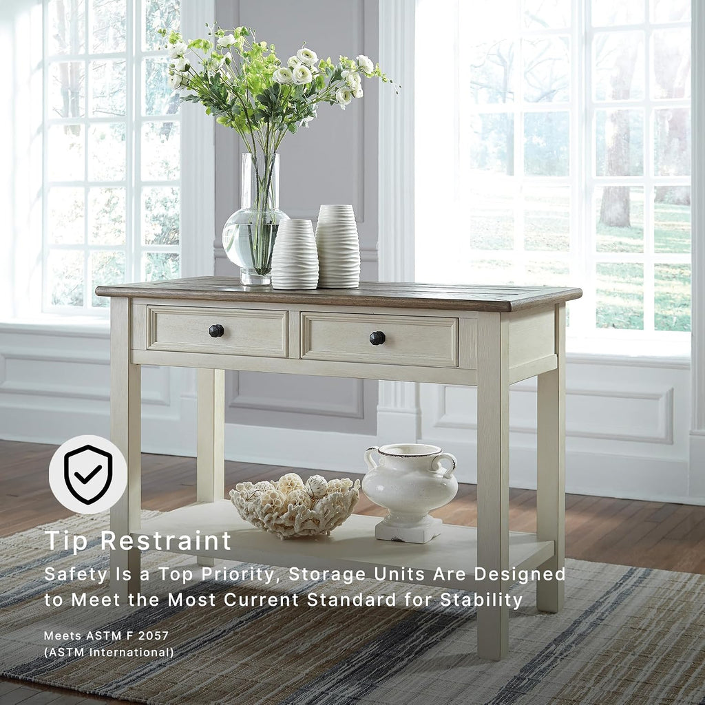 Signature Design by Ashley Bolanburg Farmhouse Sofa Console Table, White | Two-tone wood console, 22-inch deep storage, 2 smooth drawers, Made of veneers, wood and engineered wood