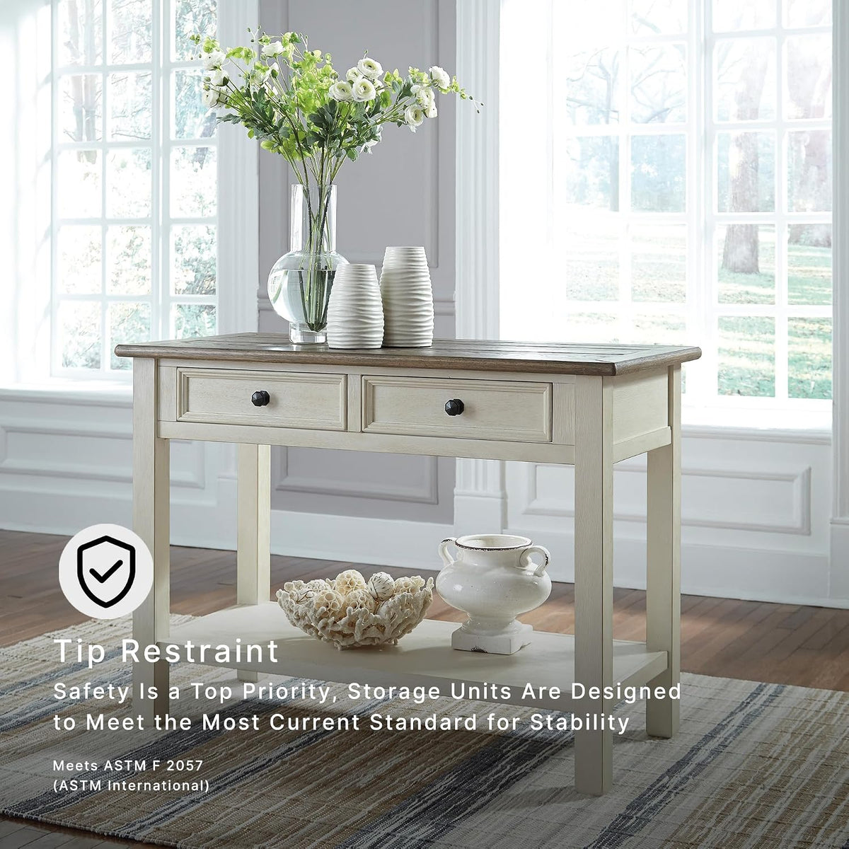 Signature Design by Ashley Bolanburg Farmhouse Sofa Console Table, White | Two-tone wood console, 22-inch deep storage, 2 smooth drawers, Made of veneers, wood and engineered wood