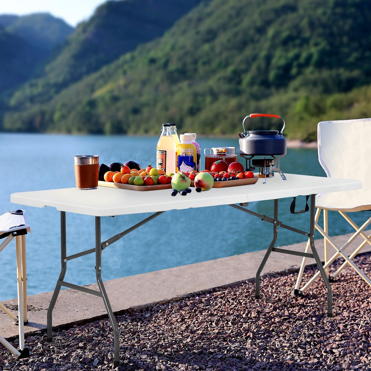PayLessHere | 6FT Folding Table | Portable Plastic Table with Carry Handle | Waterproof & Foldable Table Design | Steel Frame with Lock | White | for Events, Camping, Indoor & Outdoor Use