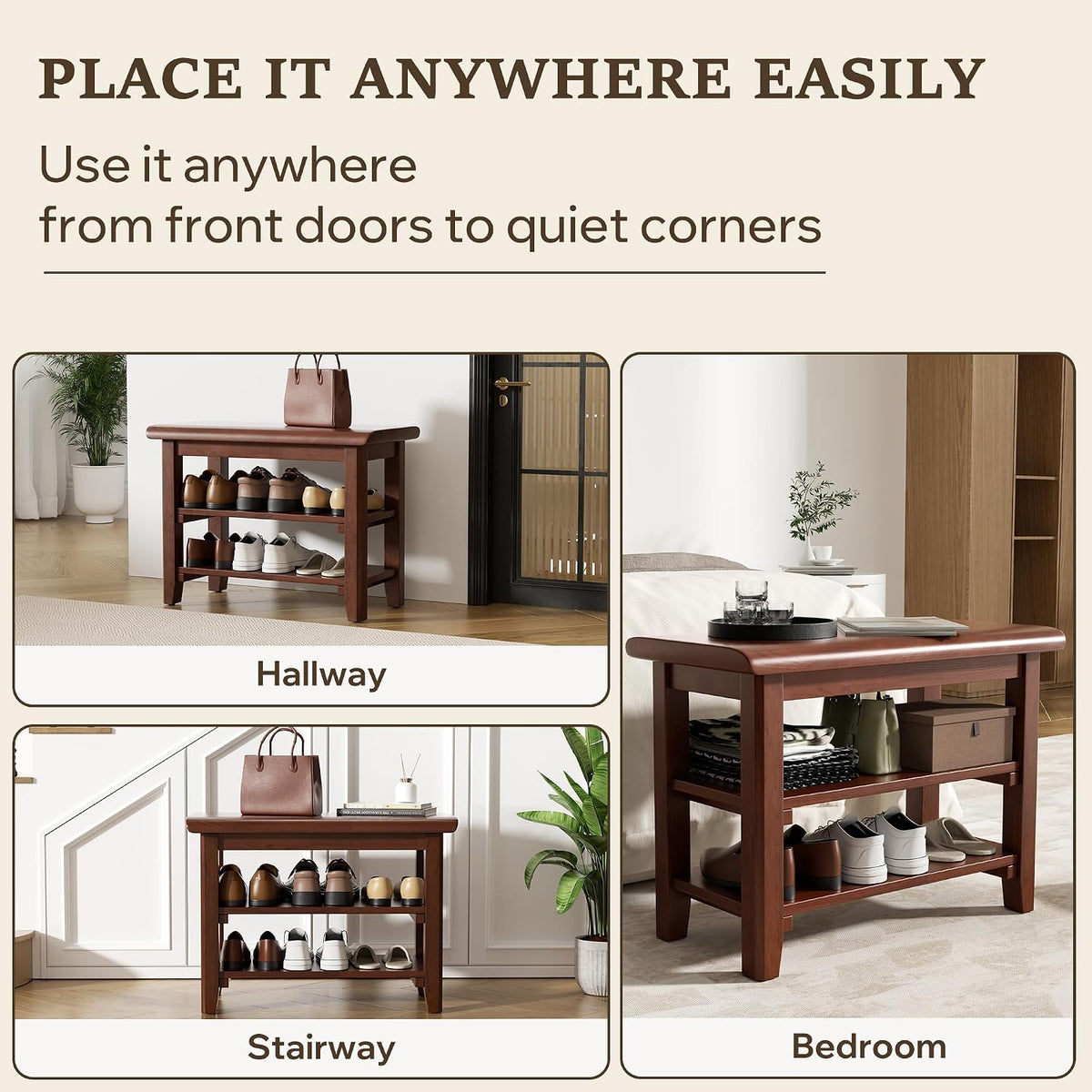 Shoe Rack Bench Mid Century Modern 2-Tier Shoe Rack Organizer for Entryway Hallway or Living Room Farmhouse Rustic Wooden Seat Bench Brown 11.8" Dx47.2 Wx16.5 H