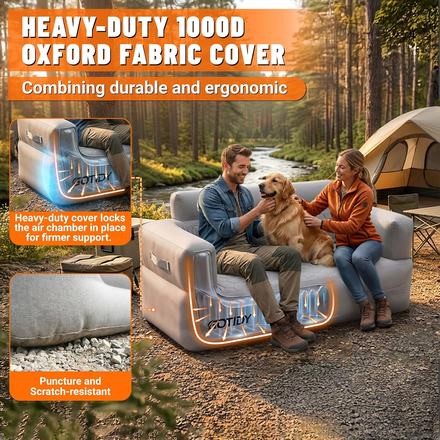 Inflatable Couch Loveseat with Footstool, Camping Couch with Detachable Built-in Pump, Inflatable Sofa with Breathable, Puncture-Resistant Fabric Texture Cover, Camping, Beach, Backyard Party