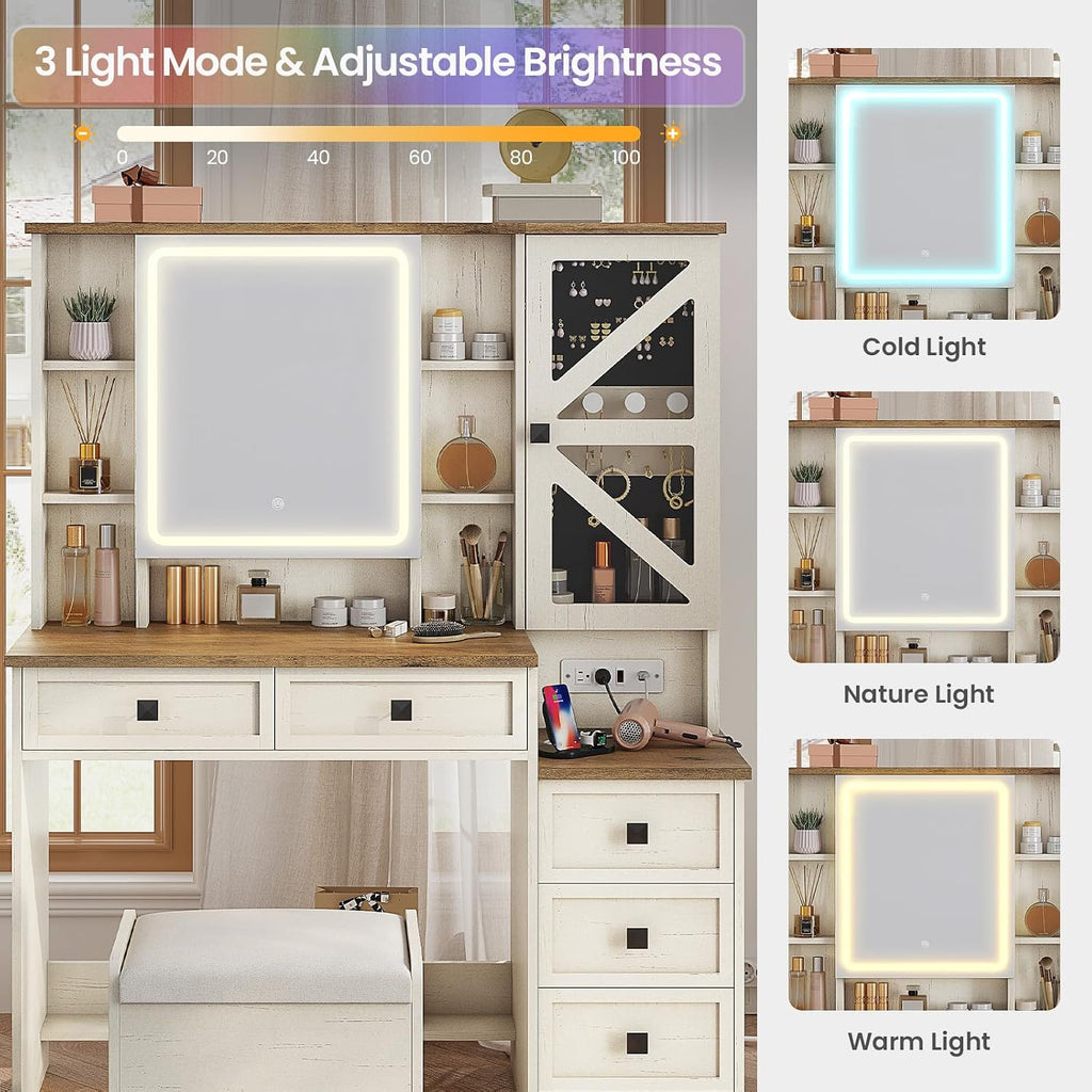 AOGLLATI Farmhouse Vanity Desk with Mirror and Lights, Makeup Vanity Set with Lights & Jewelry Cabinet & 5 Drawers, Vanity Table with Charging Station, Hidden Storage Space for Bedroom, Antique White