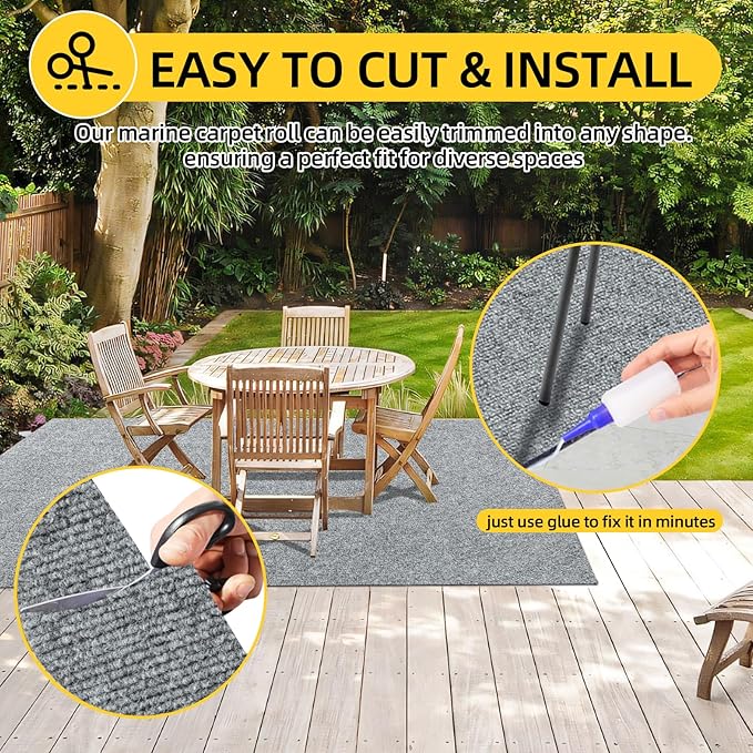 Marine Carpet,5 FT x 20 FT Smoke Gray Indoor Outdoor Carpet 0.2" Thick Boat Carpet with Water-Proof TPE Backing, Non-Slide Outdoor Marine Carpet Roll for Home, Patio, Porch, Deck