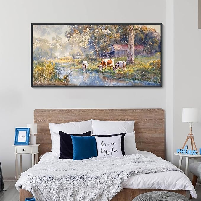 JEAWA Large Framed Canvas Painting - 24x48 IN Watercolor Landscape Wall Decor, Country Picture with Wooden House and Green Trees, Cow Art Prints for Bedroom Living Room Home Decoration