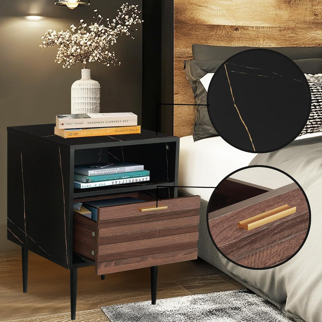 GIA Home Furniture Series Walnut Nightstands Set of 2, Faux Black Walnut Marble End Table for Living Room, Bedroom