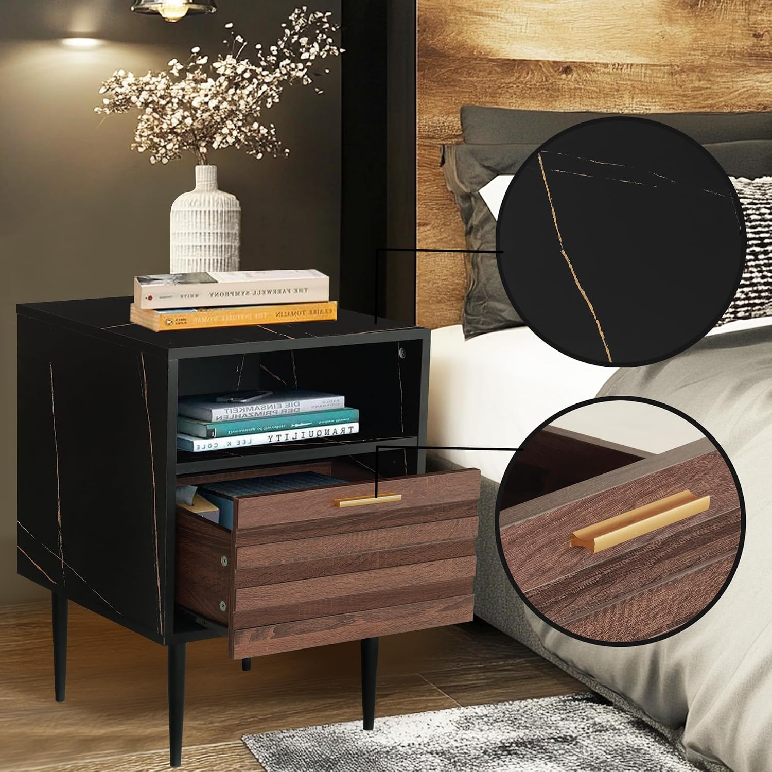GIA Home Furniture Series Walnut Nightstands Set of 2, Faux Black Walnut Marble End Table for Living Room, Bedroom
