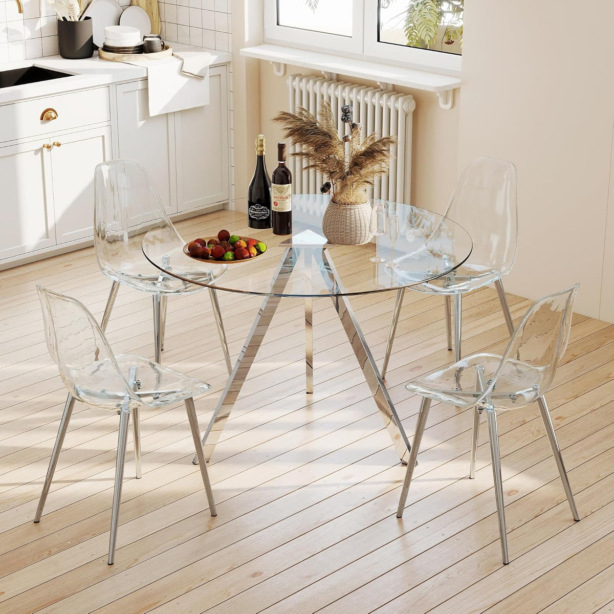 Round Dining Table Set for 4, 39" Clear Tempered Glass Table with Sliver Metal Legs and 4 Transparent Acrylic Chairs, Compact Modern Kitchen Table Set for Small Space Dining Room (Sliver)