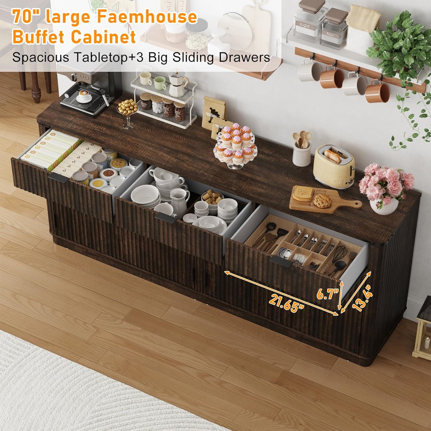 70” Rounded Edge Large Sideboard Buffet Cabinet with 3 Storage Drawers,Farmhouse Kitchen Fluted Sideboard Cabinet w 4 Door Shelves,Wood Coffee Bar Cabinets,Kitchen Pantry (Rustic Brown)