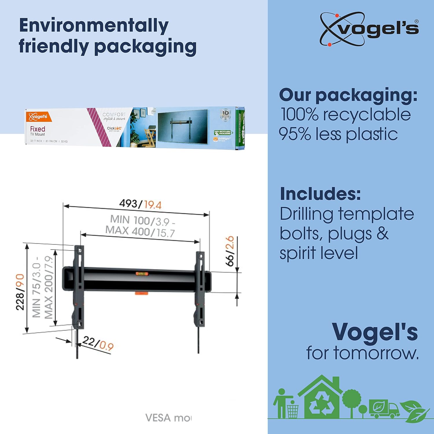 Vogel's TVM 3405SP Flat OLED TV Wall Mount for 32-77 inch TV, Max. 50kg, TV Holder Max. VESA 400 x 200 (LG OLED B and C Series), Distance to The Wall only 2.2 cm