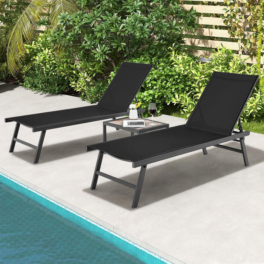 Tangkula 3 Piece Patio Chaise Lounge Set, Aluminum Patio Recliner with Coffee Table, 6-Level Backrest Adjustment, Outdoor Lounge Chair & Side Table Set for Poolside, Backyard (Black)