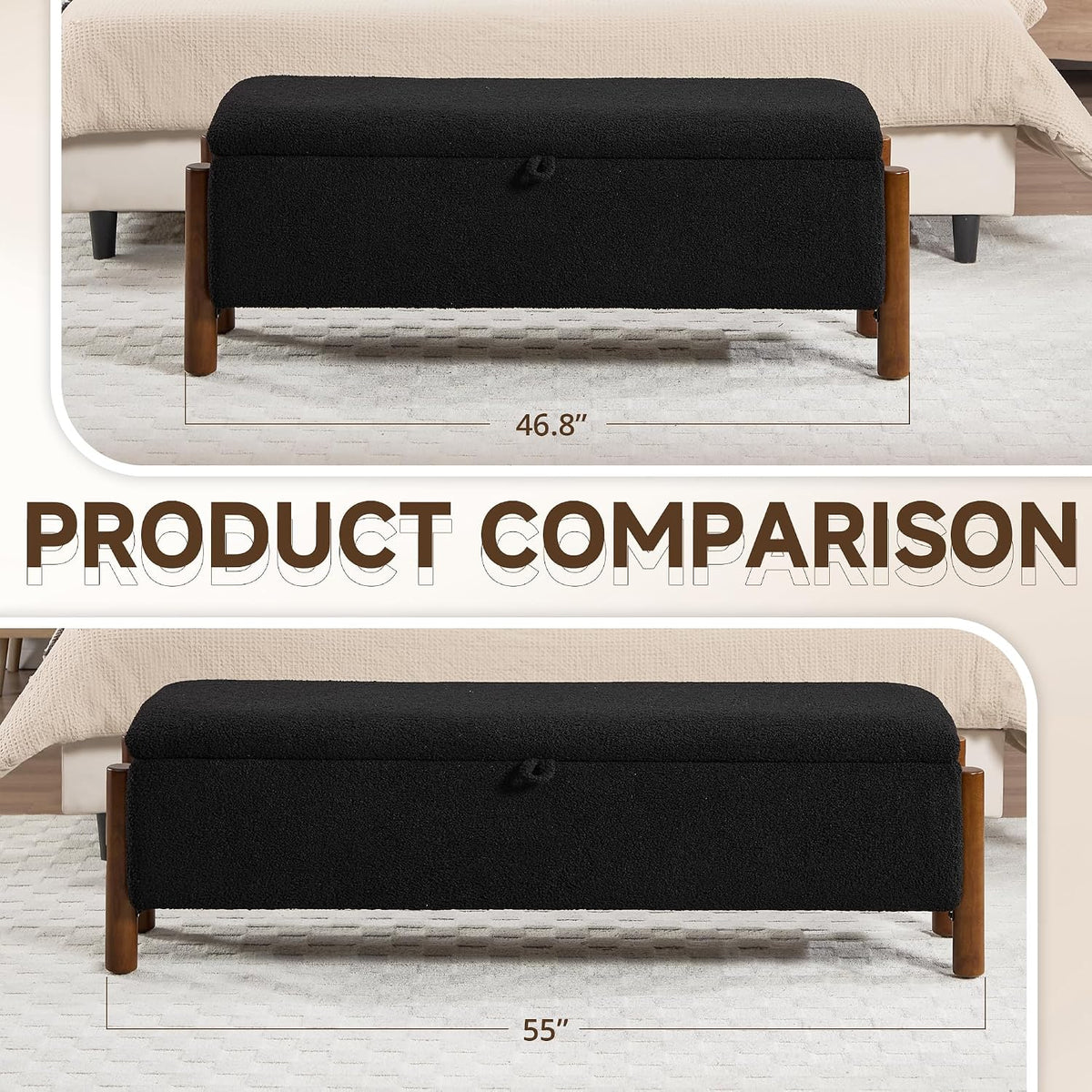 55'' Modern Storage Ottoman Benches | Walnut Wood Legs 26 Gallons Storage Space Fabric Upholstered Seating End of Bed for Bedroom for Livingroom Black